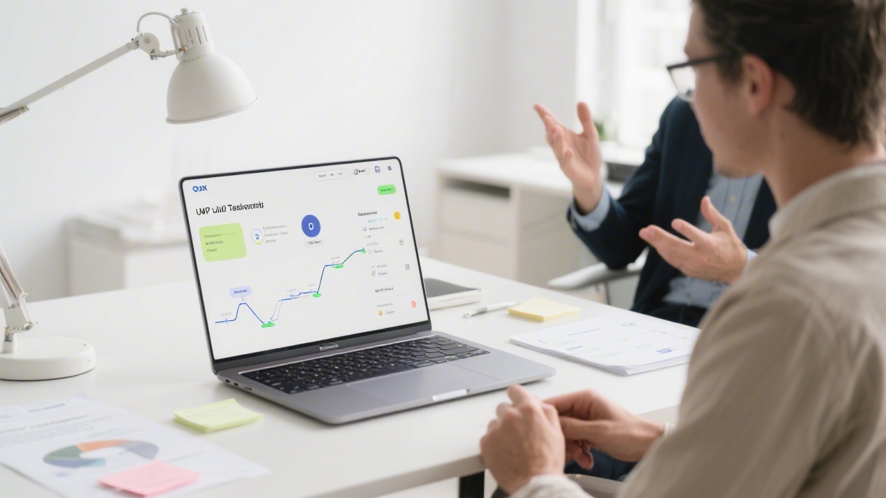 Modern workspace with laptop showing UX dashboard, notes with user journeys, and a researcher discussing findings in a bright minimalist office, conveying clarity and focus on MVP testing