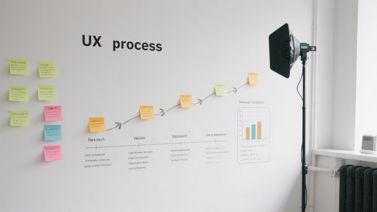 Wall with a five-step UX process diagram, sticky notes, and simple charts, showing structured stages from research to validation in a clean product studio